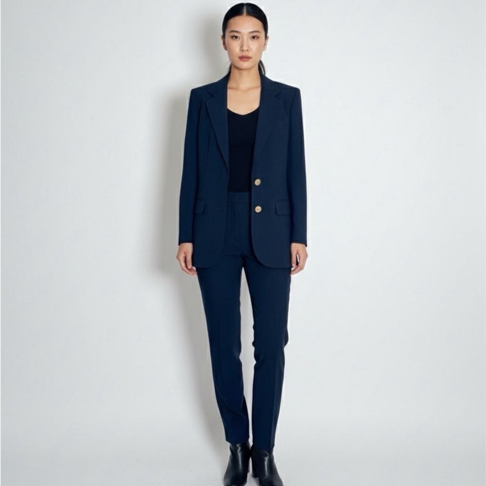 Lady Edwards Wool Blend Hopsack Blazer Navy Gold Button Career Jacket Women
